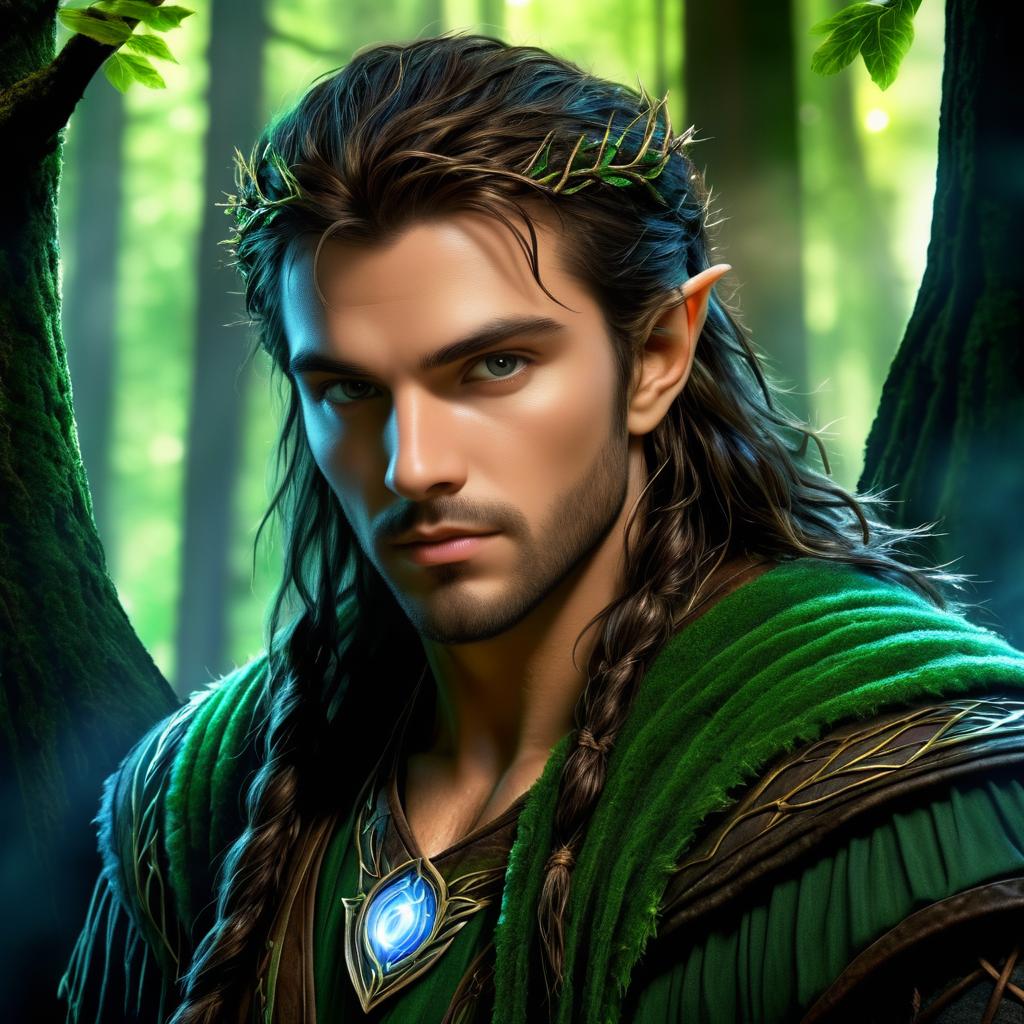 Realistic Half-Elf Druid in Enchanted Forest