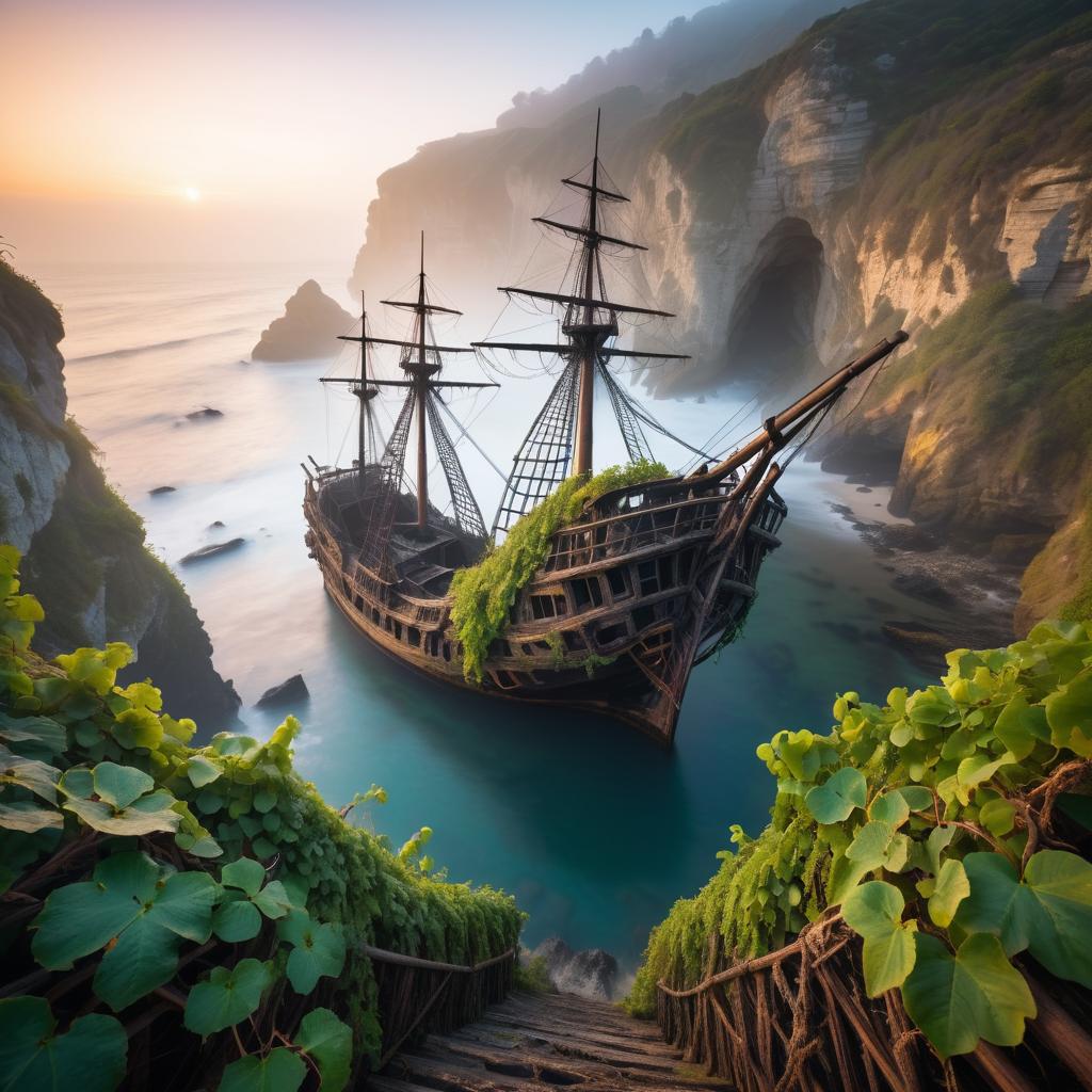 Abandoned Pirate Ship at Foggy Dawn