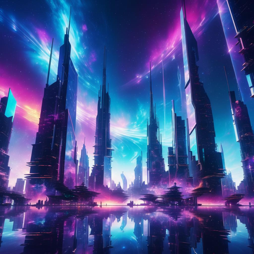 Multicolored Galaxy Over Futuristic Cityscape