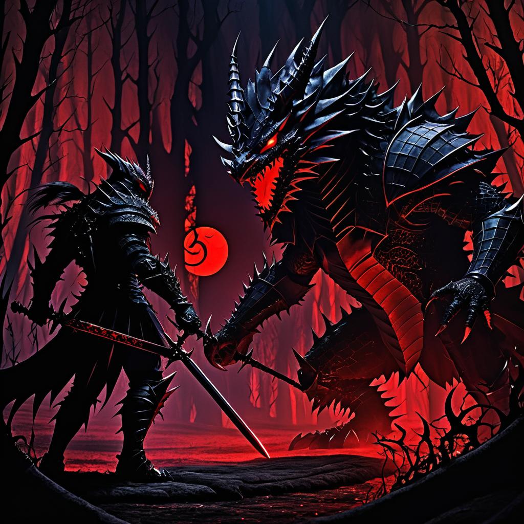 Knight vs. Menacing Reptilian Beast in Darkness