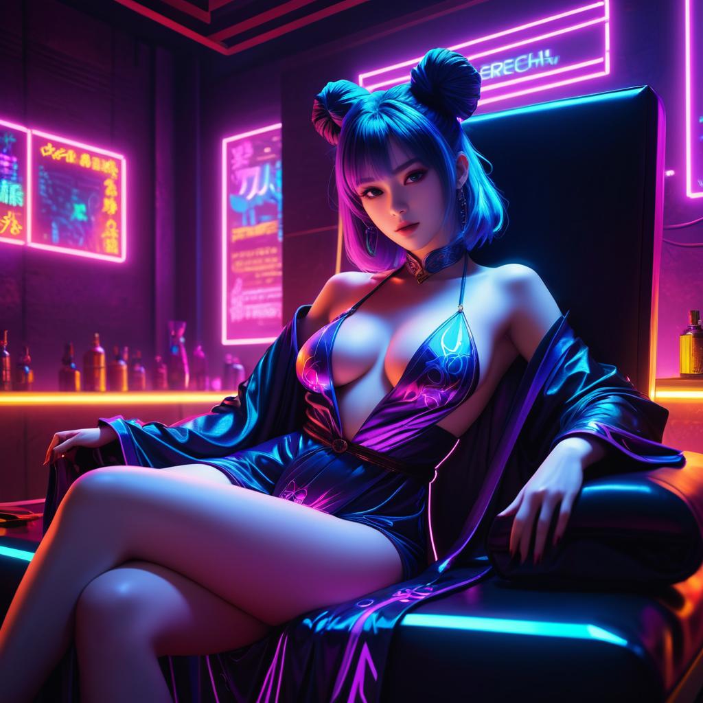 Ecchi Sorceress in Neon Cyberpunk Setting