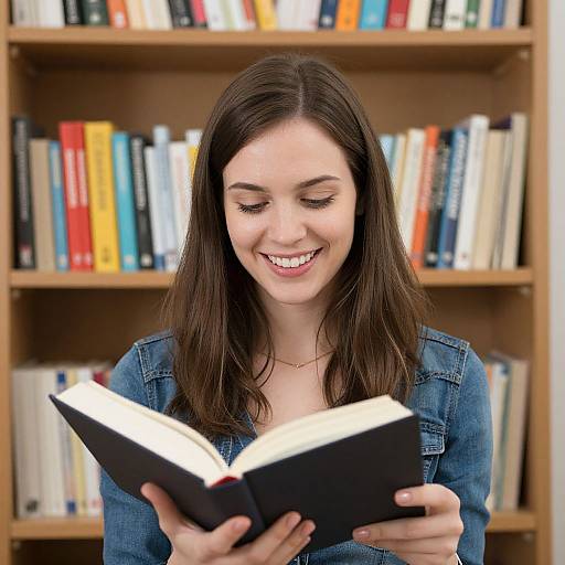 Photograph of a smiling young woman with long brown hair, wearing a denim jacket, reading a book in a colorful library.