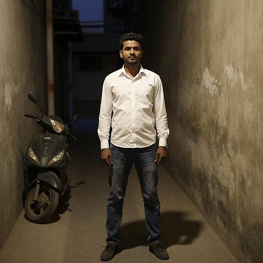 Man Standing in Narrow Urban Alleyway