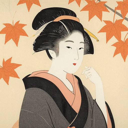 Japanese Woman with Autumn Leaves