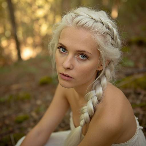 Photograph of a fair-skinned, blonde woman with braided hair, blue eyes, and natural makeup, sitting in a sunlit forest. She