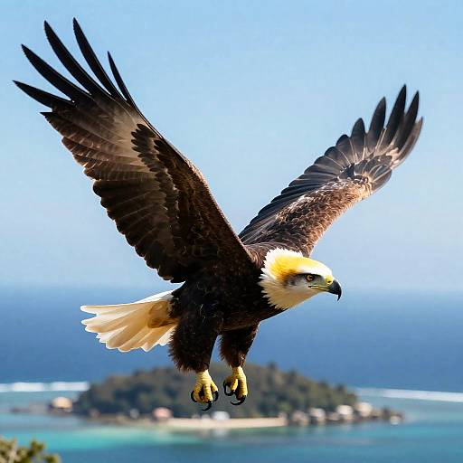 American Bald Eagle Soaring Over Coastal Island