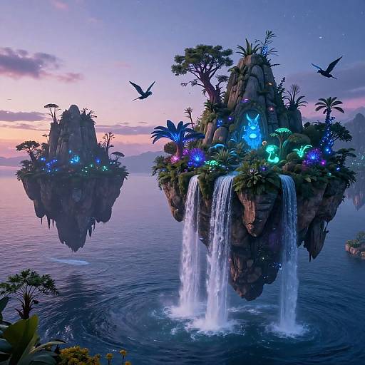 Fantasy CGI scene of floating islands with glowing blue and purple plants, cascading waterfalls, and birds at sunset over a calm ocean.