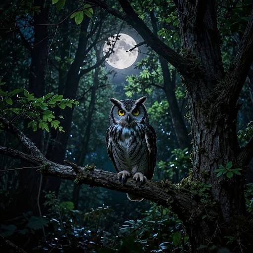 Digital illustration of a large, detailed owl with striking yellow eyes perched on a mossy tree branch in a dark, moonlit forest.