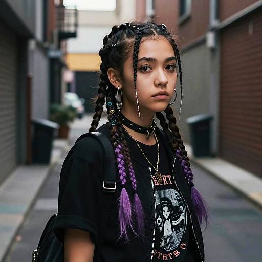 Photograph of a young woman with braided purple hair, black choker, hoop earrings, and black graphic shirt, standing in a narrow urban alley