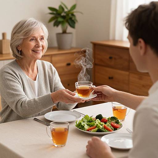 Photograph of an elderly woman with short gray hair, smiling, receiving a glass of iced tea from a younger man at a sunlit kitchen table