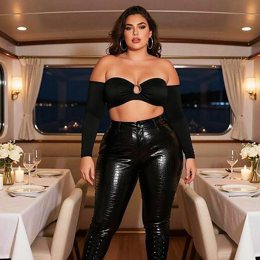 Photograph of a curvy woman with dark hair in an off-shoulder black top and shiny black pants, standing in a dimly-lit