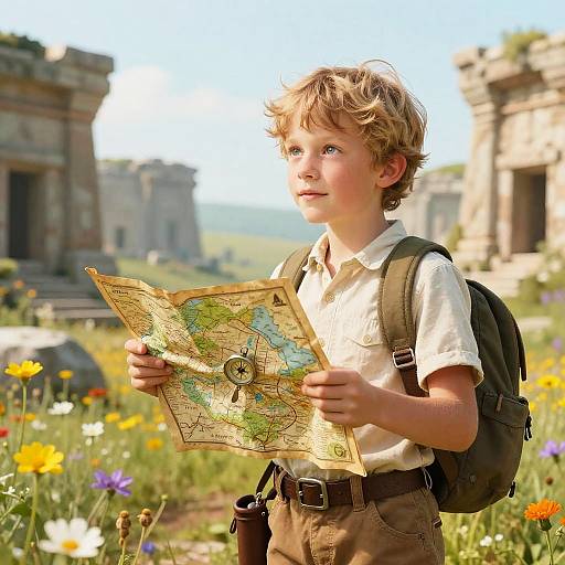 Young Explorer Amidst Wildflowers and Ruins