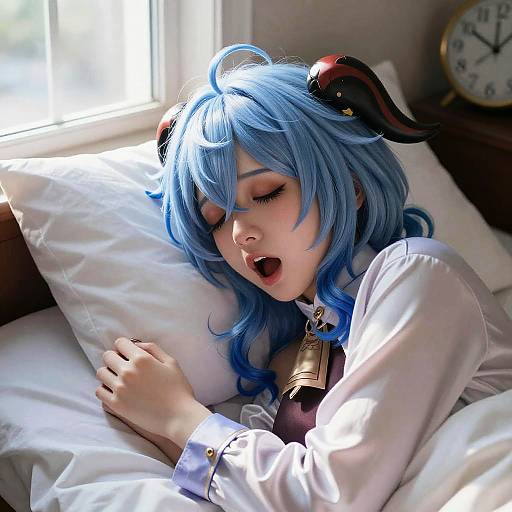 Photograph of a blue-haired woman with black horns, sleeping on a white pillow in a sunlit bedroom, wearing a white shirt. Clock and window