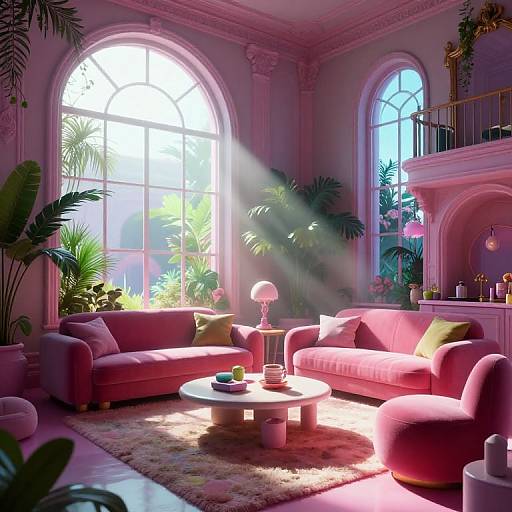 Photorealistic digital artwork of a sunlit, pink-hued living room with large arched windows, lush green plants, pink sofas, white coffee