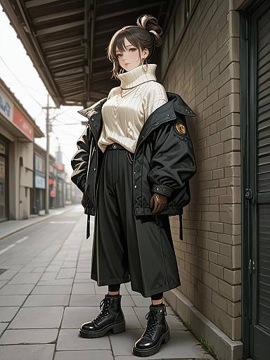 Digital anime-style drawing of a serious young woman in a white turtleneck, black skirt, and jacket, standing in an urban alley.