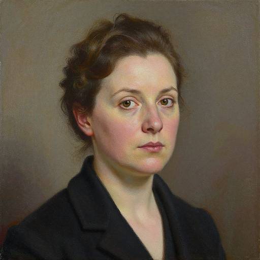 Realistic oil painting of a young white woman with fair skin, brown hair, and brown eyes, wearing a black coat, against a gray background.