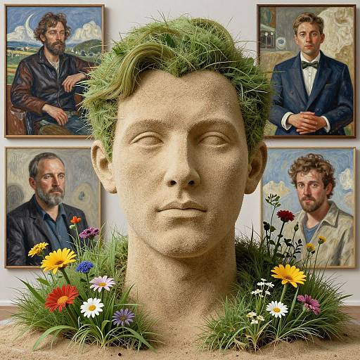 Photorealistic sculpture of a man with green hair, surrounded by colorful flowers, with four painted portraits of himself in the background.