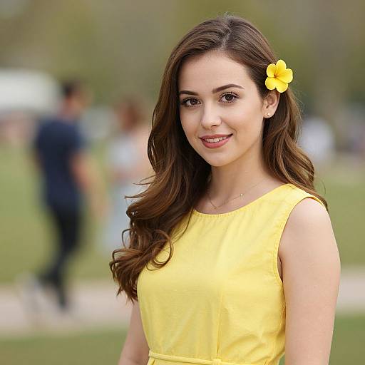 Photograph of a young woman with long brown hair, wearing a yellow dress, yellow flower in hair, smiling, outdoors, blurred background.