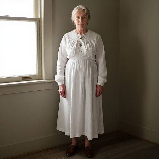 Photograph of elderly white woman with white hair, wearing a long white dress, standing in dimly lit room near bright window.