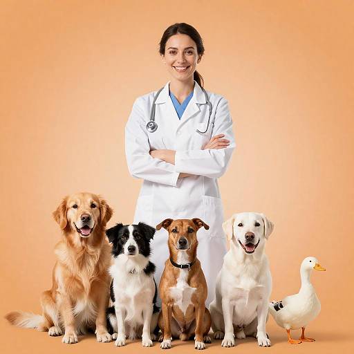 Veterinarian with Dogs and Duck on Orange Background