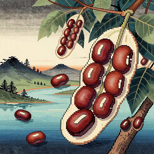 Pixel art of ripe, red cherries on a branch over a serene lake with mountains at sunset, featuring vibrant colors and detailed textures.