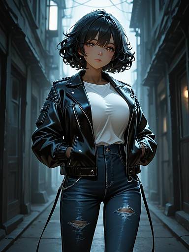 Digital art of a serious, dark-haired woman with wavy hair, wearing a black leather jacket, white shirt, and ripped jeans, standing in a