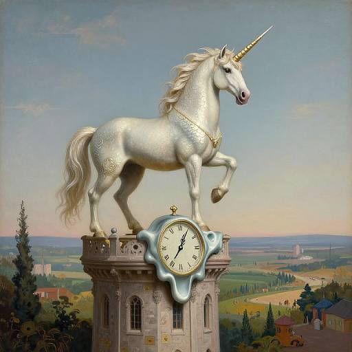 Photorealistic painting of a white unicorn with a golden horn, standing on a clock-tower, set against a serene countryside landscape.