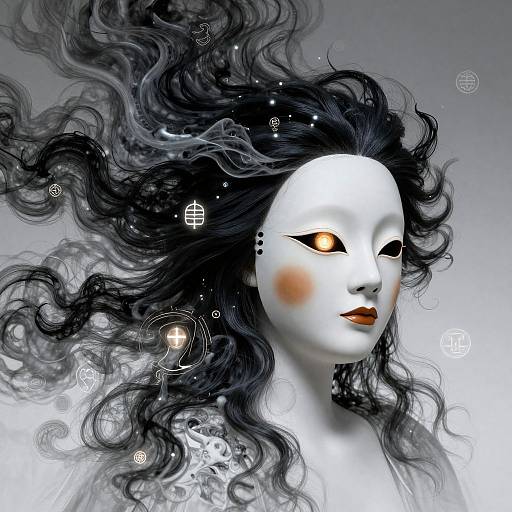 Digital art: White mask with glowing orange eye, black wavy hair, orange blush, surrounded by white symbols, against gray background.