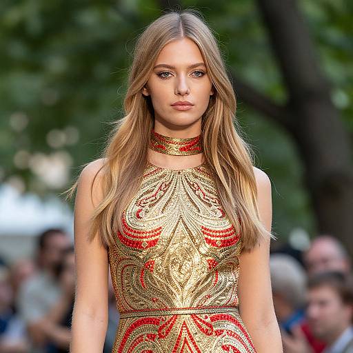 Blonde Model in Gold-Red Dress