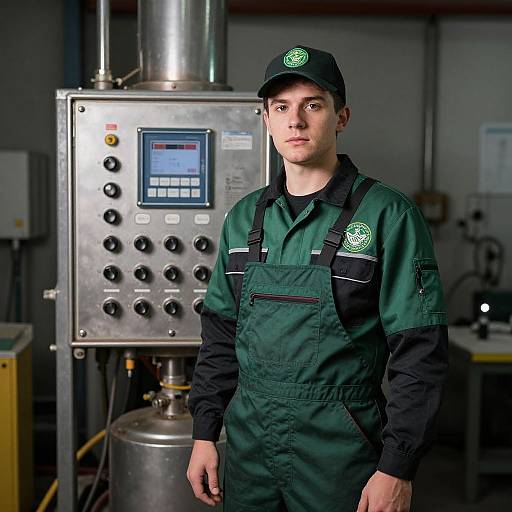 Photograph of a young male worker in green uniform with black accents, wearing a cap, standing in front of industrial control panel.