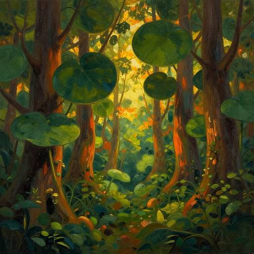 Vibrant digital painting of a sunlit forest, featuring large green leaves, towering brown trees, and lush underbrush, with bright yellow sunlight filtering