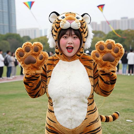 Photograph of an Asian child in a tiger costume with paw gloves, smiling outdoors, grassy park, colorful flags, blurred background.