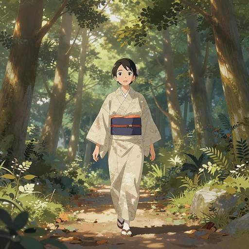 Digital anime-style drawing of a young woman in a white kimono with a blue obi, walking through a sunlit forest path.