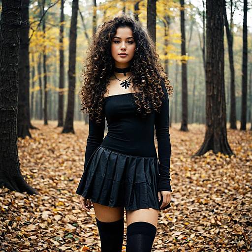 Woman in Black Dress Standing in Autumn Forest