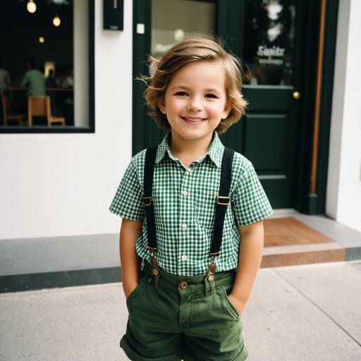 Smiling toddler boy in green gingham shirt and suspenders