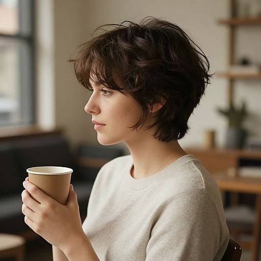 Photograph of a young woman with short, messy brown hair, wearing a beige sweater, holding a paper cup, in a softly lit, modern interior