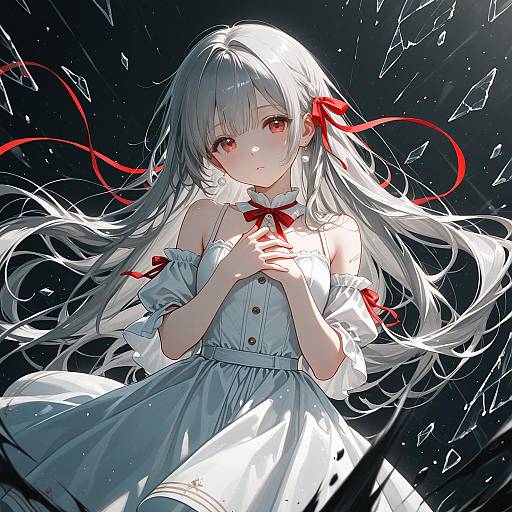 Anime Girl in White Dress with Flowing Hair and Red Ribbons