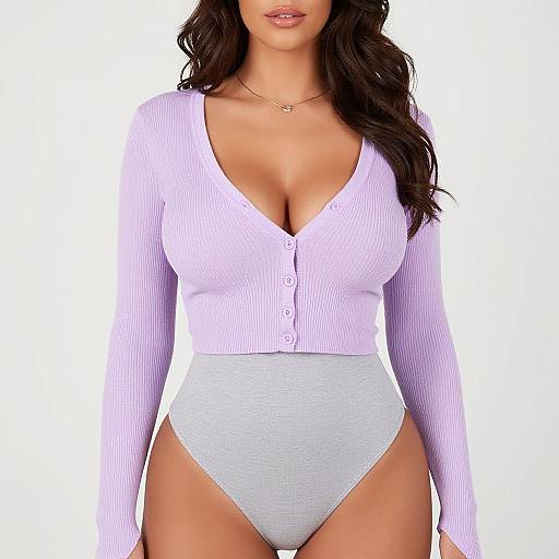 Photograph of a woman with long, wavy dark hair, wearing a low-cut, purple ribbed cardigan, white high-waisted panties