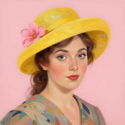 Digital painting of a fair-skinned woman with green eyes, red lipstick, wearing a yellow hat with a pink flower, and a multicolored pattern