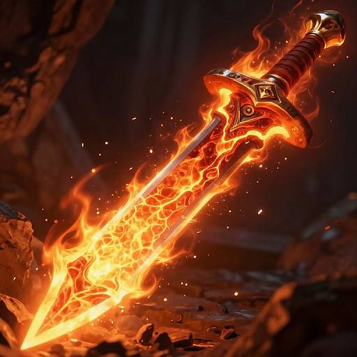 Photograph of a flaming sword with a red hilt and intricate design, embedded in rocky ground, surrounded by intense orange flames and glowing embers.