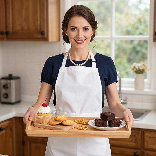 Photograph of a smiling brunette woman with fair skin, wearing a black shirt and white apron, holding a wooden tray with cupcakes, cookies, and
