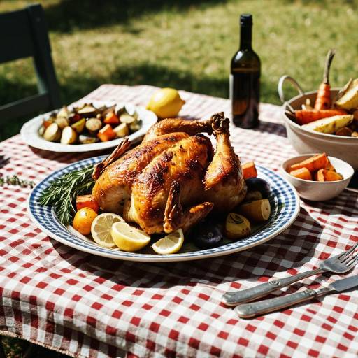 Golden Roast Chicken with Roasted Vegetables Outdoors