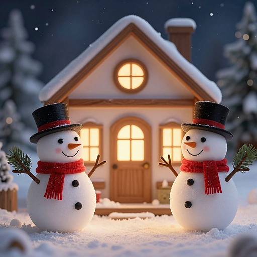 Festive Snowmen and Cozy Wooden House