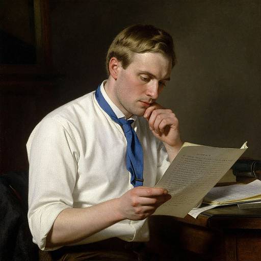 Photograph of a focused, young Caucasian man with short brown hair, wearing a white shirt and blue tie, reading a paper at a dark wooden desk
