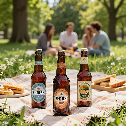 Photograph of three brown beer bottles (Snarler, Emmer, and Sunriver) on a picnic blanket with sandwiches, in a sunlit