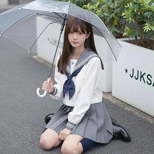 Japanese Schoolgirl with Umbrella Kneeling on Pavement