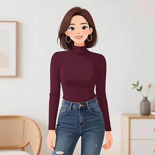 Digital illustration of a smiling woman with short brown hair, wearing a black turtleneck and blue high-waisted jeans, standing in a bright,