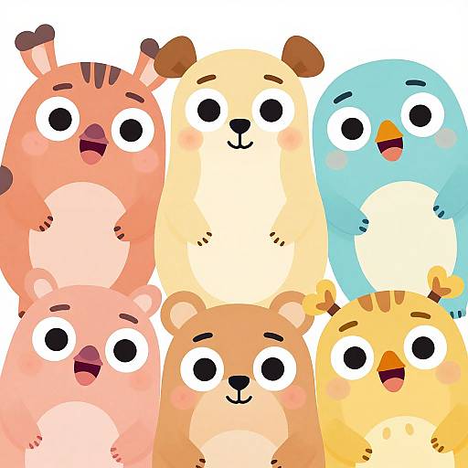 Cute digital illustration of six cartoon animals: two pink bears, one yellow dog, one blue bird, and two yellow owls with wide eyes and