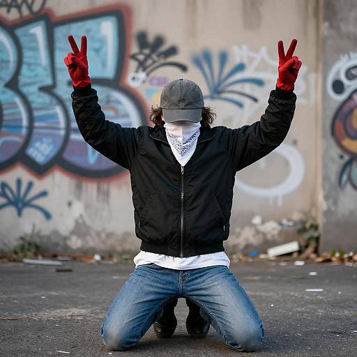 Kneeling Figure Symbolizing Peace Amidst Urban Decay