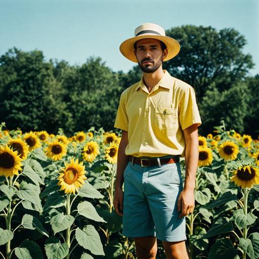 Man in Summer Outfit Standing in Sunflower Field